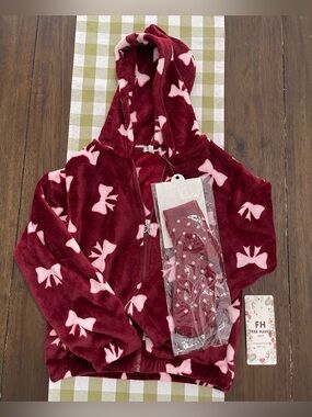 Girls Plush Hooded Zip Jacket with Pink Bow Print